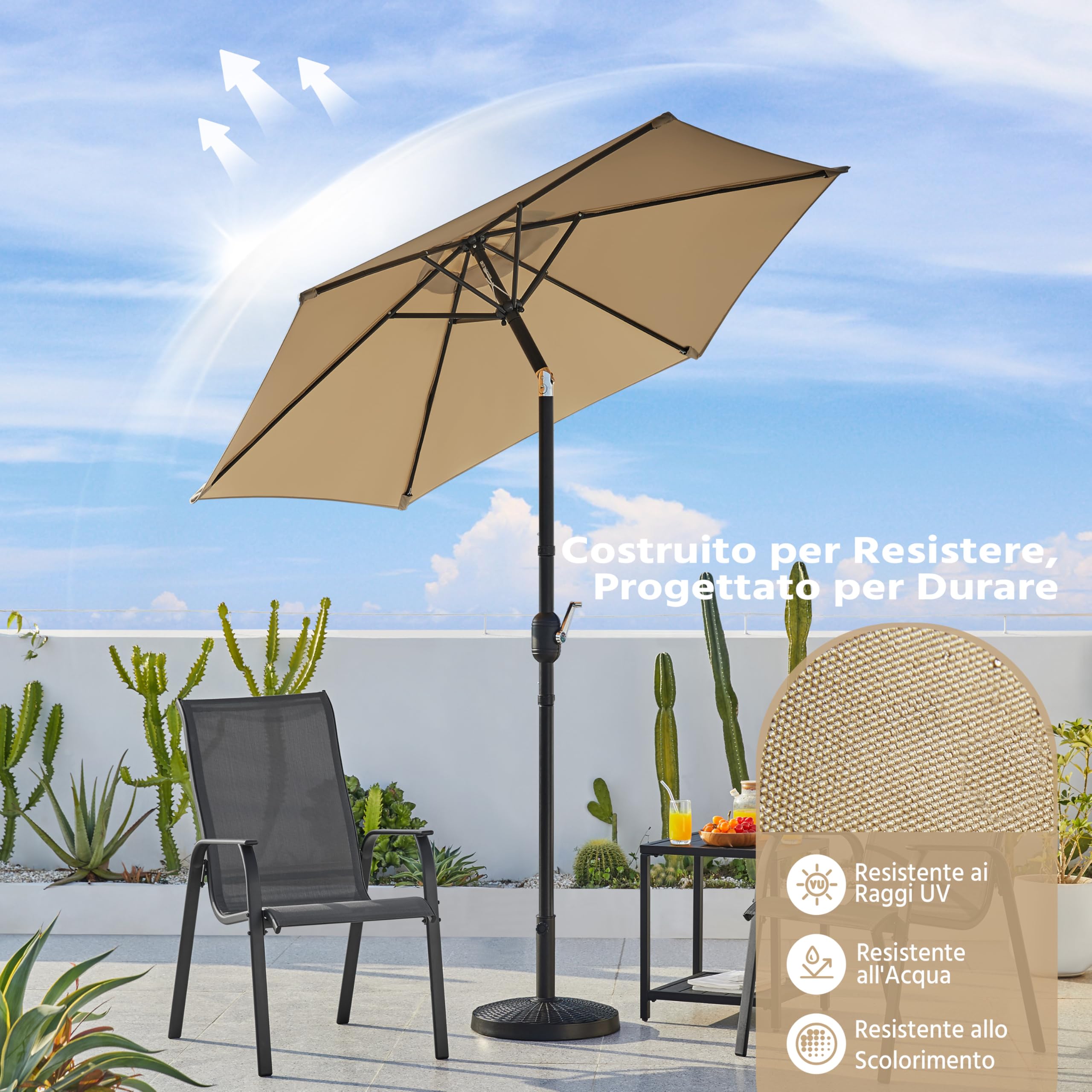 Yaheetech Ombrellone da Giardino 226 cm con 6 Stecche in Poliestere e Metallo Inclinabile Protezione UV Cortile Piscina Esterno Ecrù