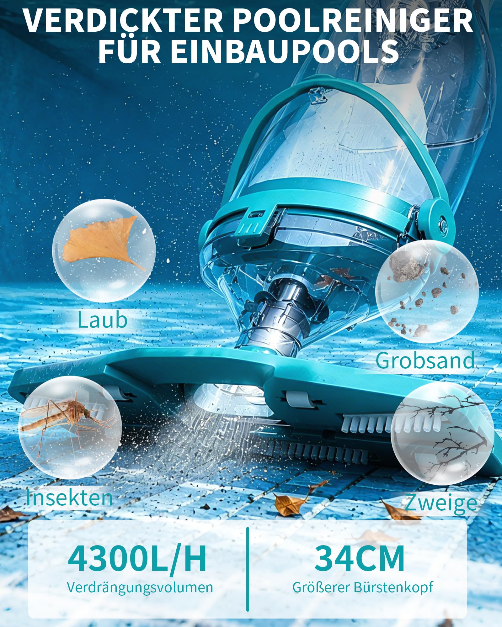 FOTING Aspirateur de piscine sans fil avec écran LED, aspiration jusqu'à 4300 l/h, aspirateur de sol de piscine avec fonction d'aspiration tout angle, autonomie jusqu'à 60 minutes, nettoyeur de