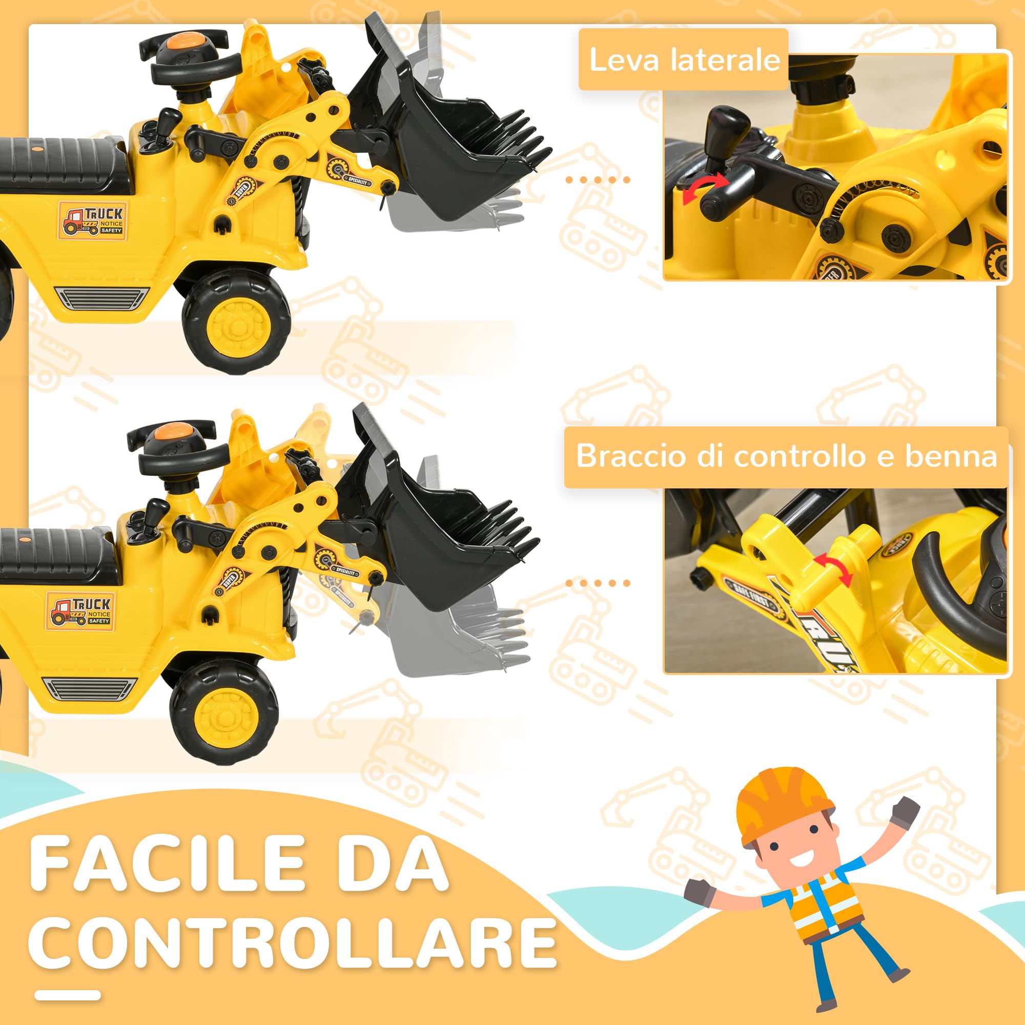 HOMCOM Escavatore per Bambini con Benna, Schienale e Spazio Contenitore a Scomparsa, Ruspa Giocattolo in PP e ABS, 80x26.5x39 cm, Giallo e Nero