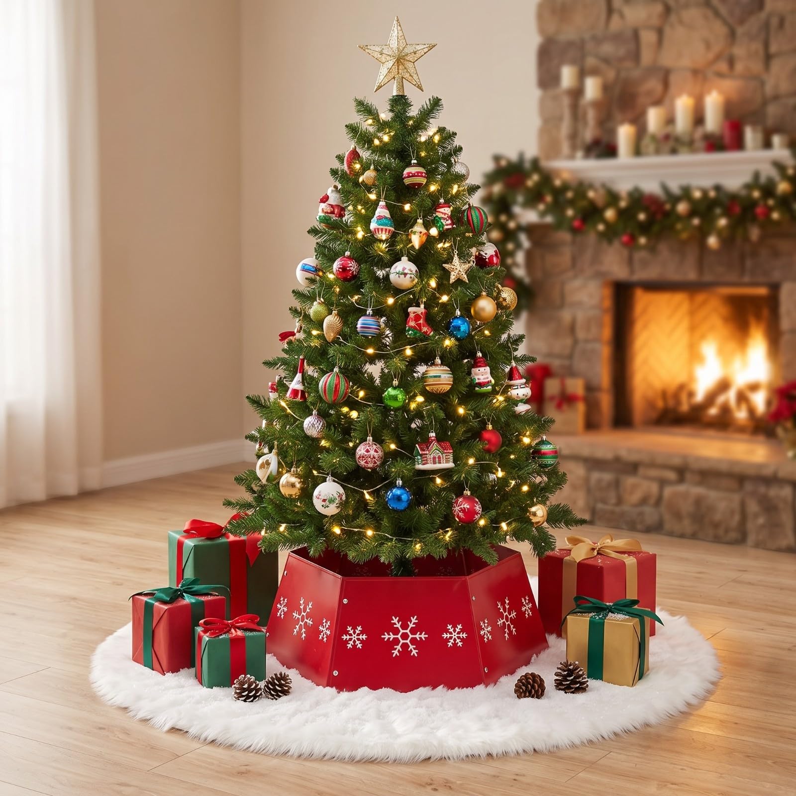 Milageto Gonna per Albero di Natale | Struttura Esagonale a Pannelli, Copertura Base Albero di Natale con cristallo ghiaccio, per Soggiorno, Casa