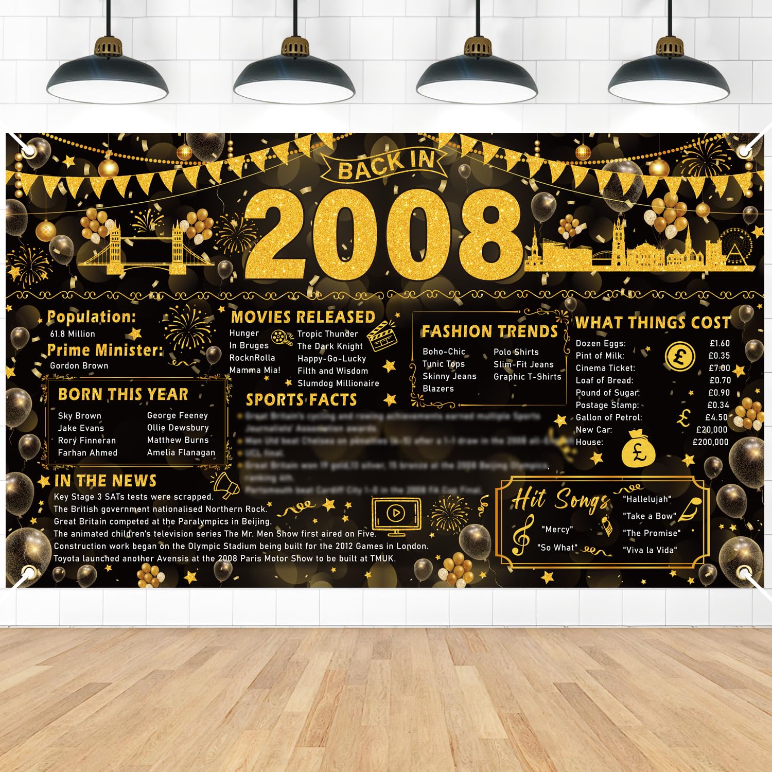 Eiapadeor 18th Birthday Banner Decorations - Black Gold Born in 2008 UK Backdrop Happy 18th Birthday Banners Cheers to 18 Years Photo Background for Boys Girls 18 Year Old Party Home Decor
