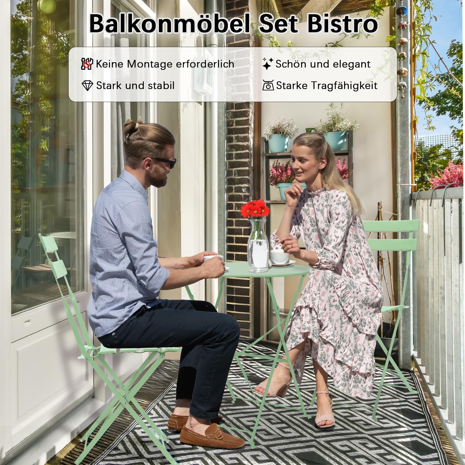 LIFERUN Gartenmöbel Bistro Set Metall, Bistro Set Klappbar 3 Teilig, Balkonset 2 Klappstuhl 1 Klapptisch, Balkonmöbel Klappbar, Wetterfest, Sitzgarnitur, Balkonmöbel Set für Balkon und Garten, Grün