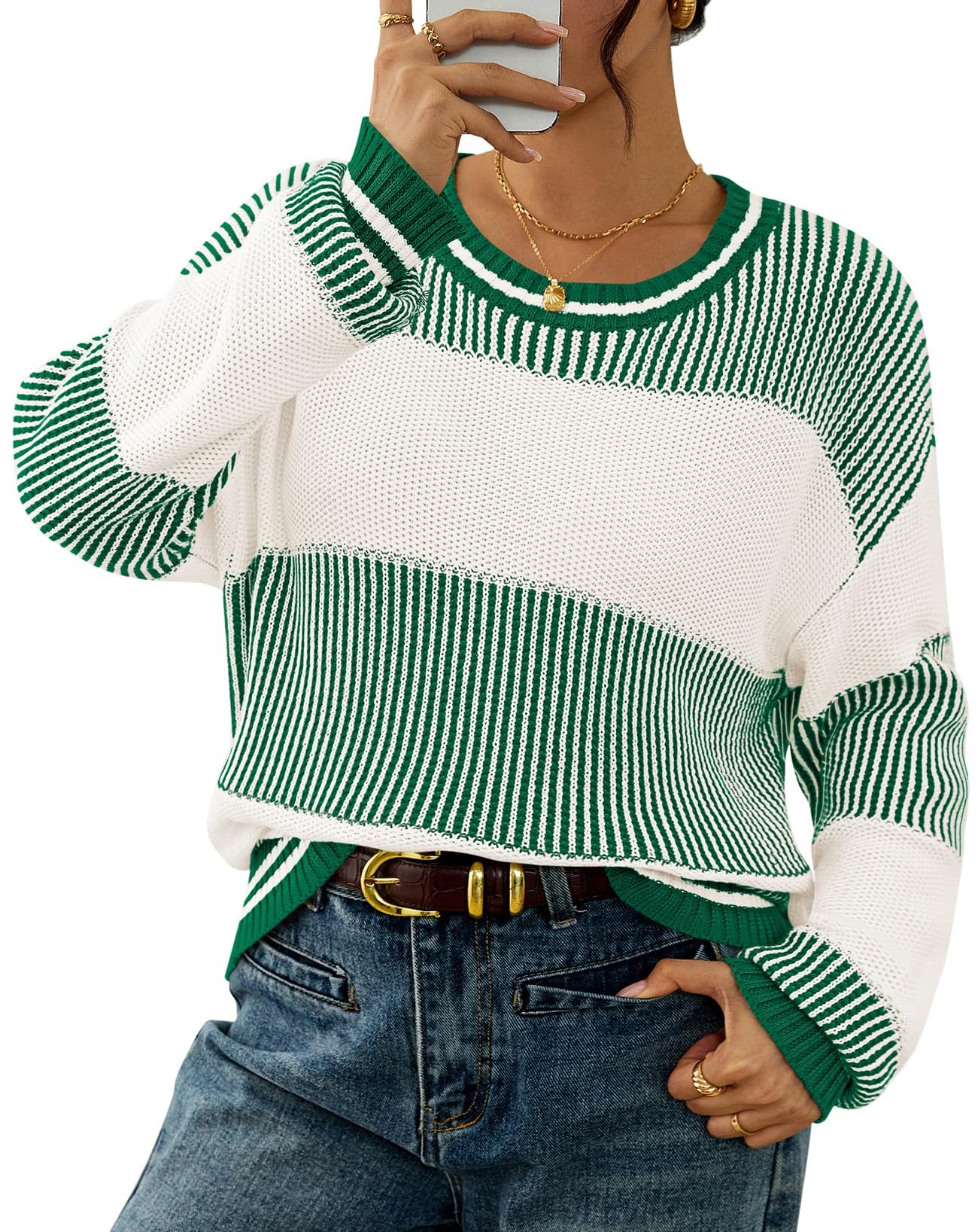 Viottiset Womens 2025 Fall Fashion Crew Neck Long Sleeve Striped Color Block Knit Loose Pullover Sweater Tops