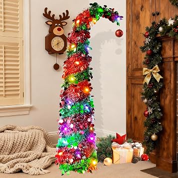 5ft Pop Up Artificial Christmas Tree for Holiday Decor, 50 Color LED Light | Red & Green Collapsible Pre-Lit Christmas Tree, 1 Red Ball, Artificial Tinsel Pencil Tree for Xmas Home Office Party Decor