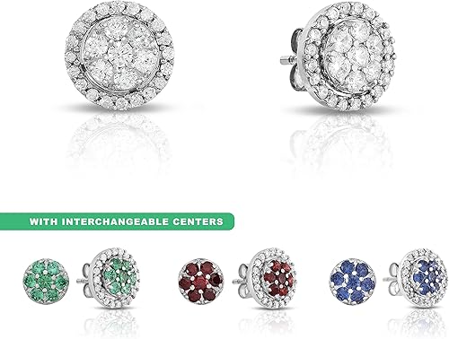 Miniatura 2 de Femme Luxe 4.90 GTW Pendientes de tuerca intercambiables con halo de circonita cúbica blanca, roja, verde y azul en plata de ley 925. Regalo