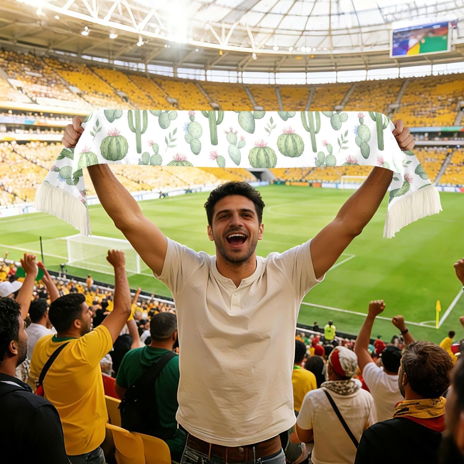 CHIFIGNO Green Cactus White Sports Fan Scarf with Fringe, Soft Polyester Sweat Towel Wrap for Soccer Games, Quick Dry Cheering Banner