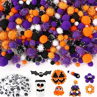 Halloween Pom Poms Crafts,FEBSNOW 800 Pieces Assorted Craft Pompoms Fluffy Balls and Wiggle Eyes for Halloween Party DIY Creative Crafts Decorations Supplies