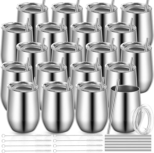Paquete de 20 vasos de vino aislados con tapas, vasos de vino de acero inoxidable de 12 onzas sin tallo, vasos de vino de doble capa al vacío, taza