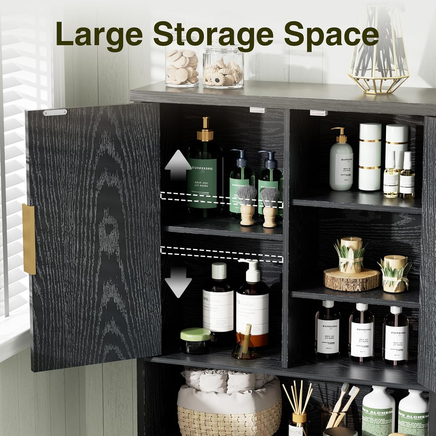 Over The Toilet Storage Cabinet with Fluted Doors and Adjustable Shelf, Tall Bathroom Organizer with Metal Stand Space Saver Over Toilet , Wood Rack for Bathroom, Restroom, Laundry, Natural Black