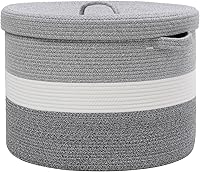 Vista 20 de Cesta de almacenamiento extra grande de 16 x 16 x 18 pulgadas con tapa, cestas de almacenamiento de cuerda de algodón, canasta de lavandería, Gris