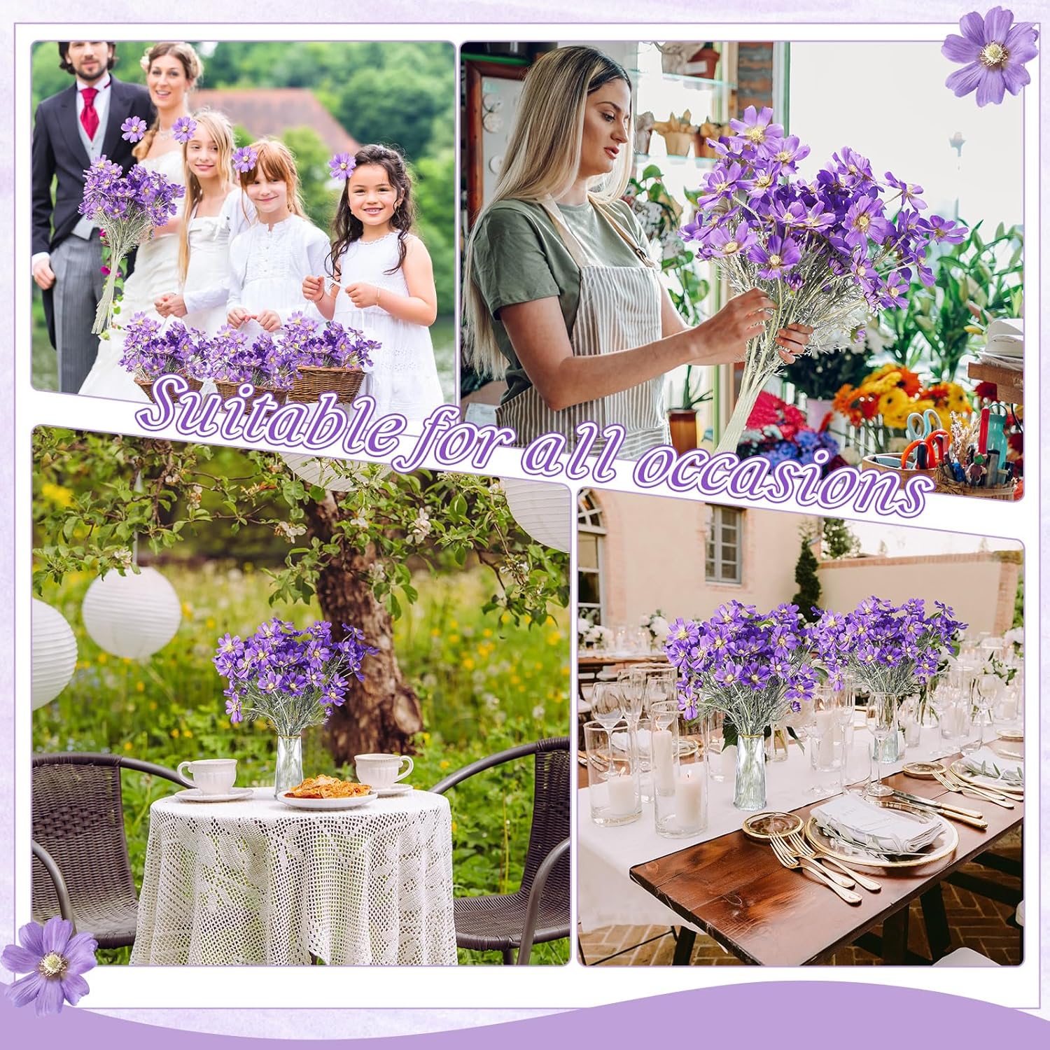 Thiccywoov 12 Pcs Spring Purple Cosmos Artificial Flower 23.6'' Realistic Touch Silk Fake Cosmos Wildflower Calliopsis Flower Arrangements Faux Bouquet Decor for Wedding Bridal Shower Table Home Party