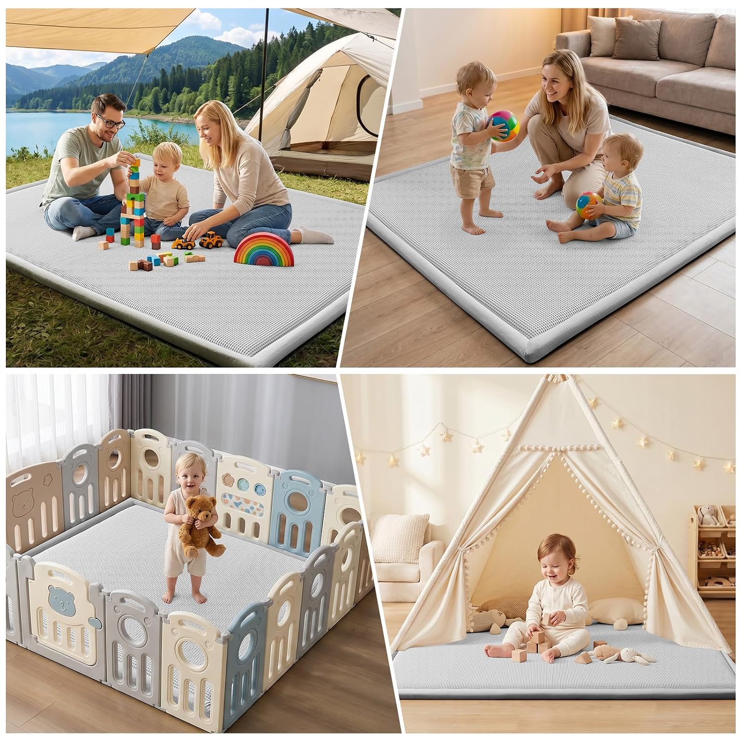 Baby Play Mat for Floor Tummy Time Nursery Rug Muscle Area Rug Playroom Rug 79x110 Memory Foam 1.3" Thick Crawling Mat for Babies,Toddlers, Infants,Kids(Plaid Light Grey)
