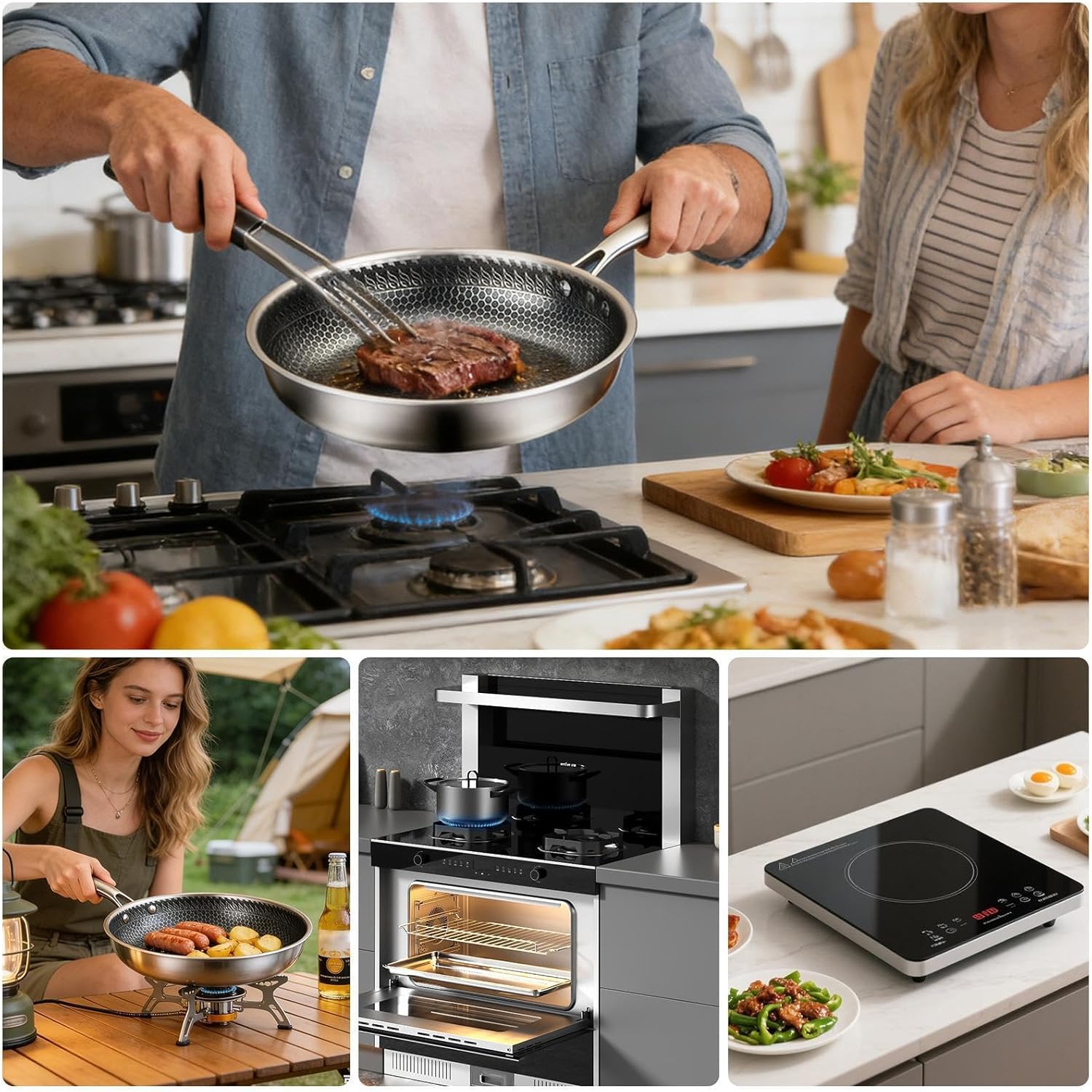 Stainless Steel Frying Pan - 28cm Non-Stick Round Skillet, Professional Chef Cookware | Versatile Household Sauté Pan For Kitchen Camping Outdoor Cooking Steak Vegetable Meat Eggs Omelets