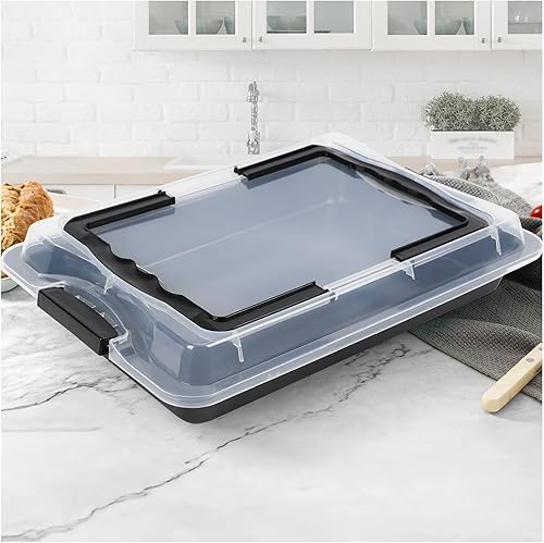 Bandeja antiadherente con revestimiento de cerámica con tapa de transporte, bandejas rectangulares de 15 x 10 pulgadas para hornear, fácil de