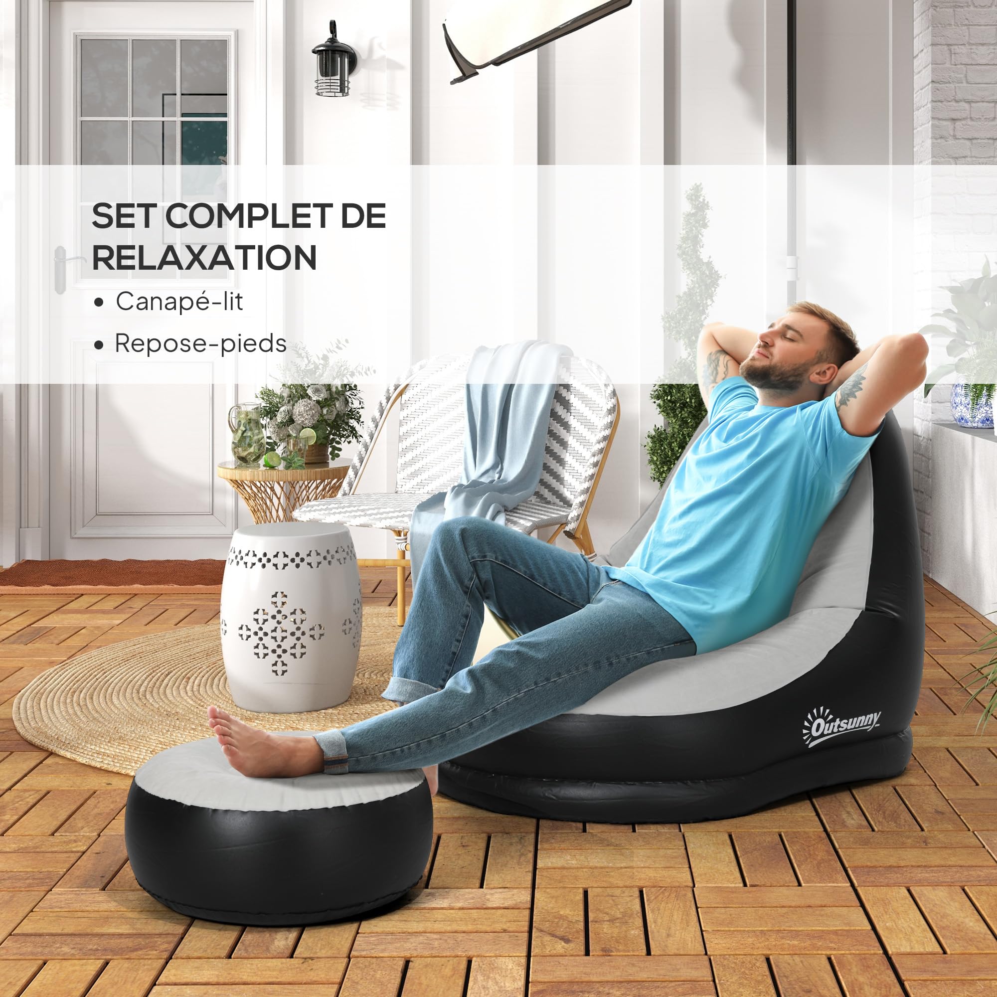 Outsunny Canapé Gonflable et Repose-Pieds, Tissu Doux, Gris | Fauteuil Gonflable Extérieur et Pouf, Aspect Peluche, Porte-Gobelet, pour Camping, Jeux, Lecture, Visionnage de Films