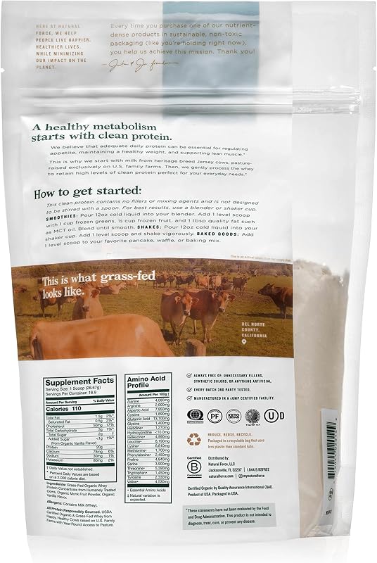 Natural Force Grass Fed Organic Whey Protein Powder – Non GMO Verified, Humane Certified & Lab Tested for Toxins – Real Vanilla Flavor – Keto Friendly, Low Carb, and Kosher - 16 Ounce A2 Protein image 2