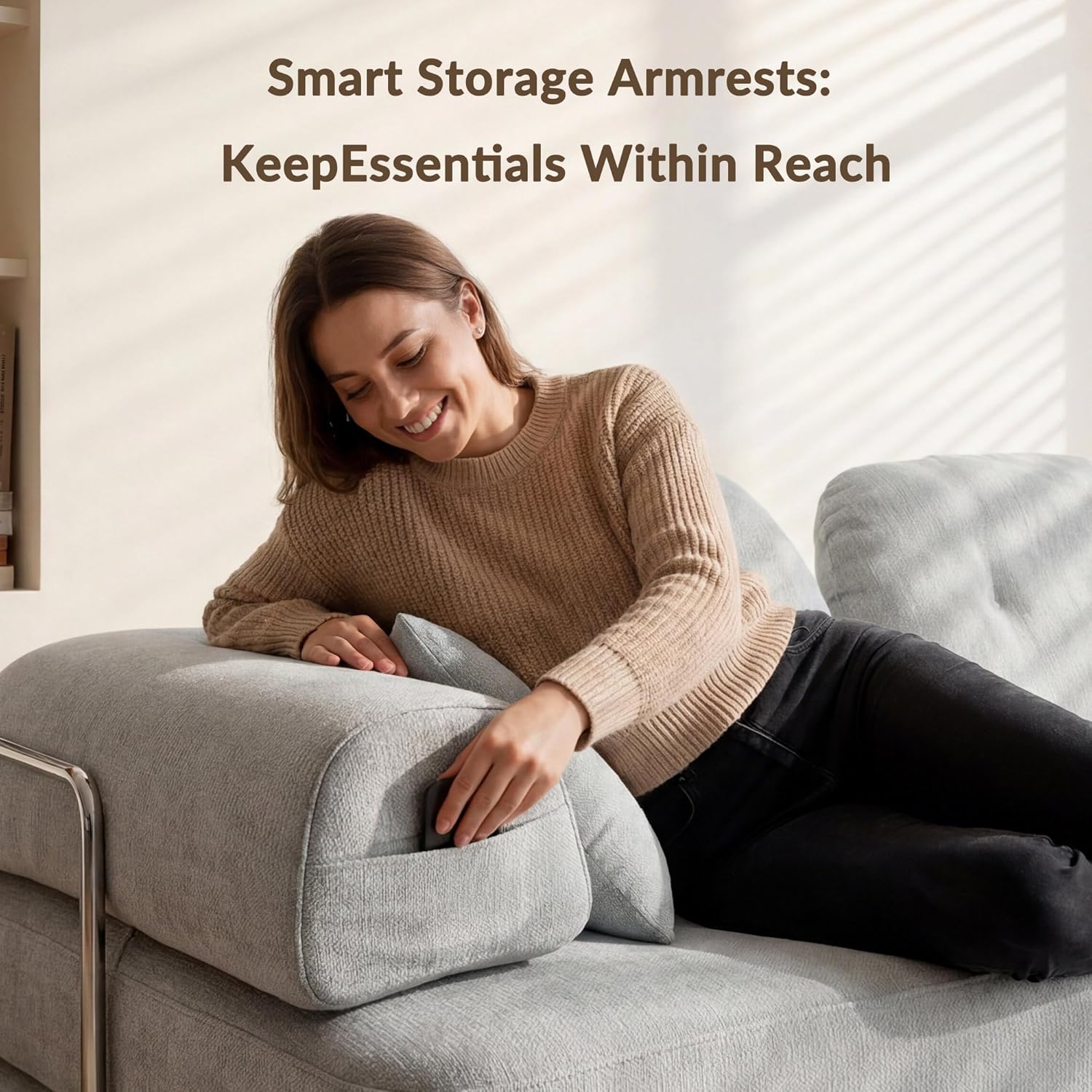 Kuahisoofa Boneless Couch, Chenille Floor Sofa Bed for Living Room, Modular Convertible Loveseat Sleeper with Storage Armrests, Non-Slip High Density Foam Guest Bed for Apartment Dorm, Oatmeal