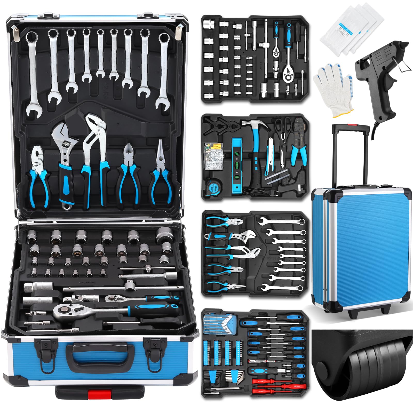 Stanew Boite à Outils 1000 pièces en Chrome Vanadium | Mallette en Aluminium et Poignée Télescopique | Coffret de Douille et Embouts avec Clé à Cliquet Rallonges | Outillage Mecanique Auto