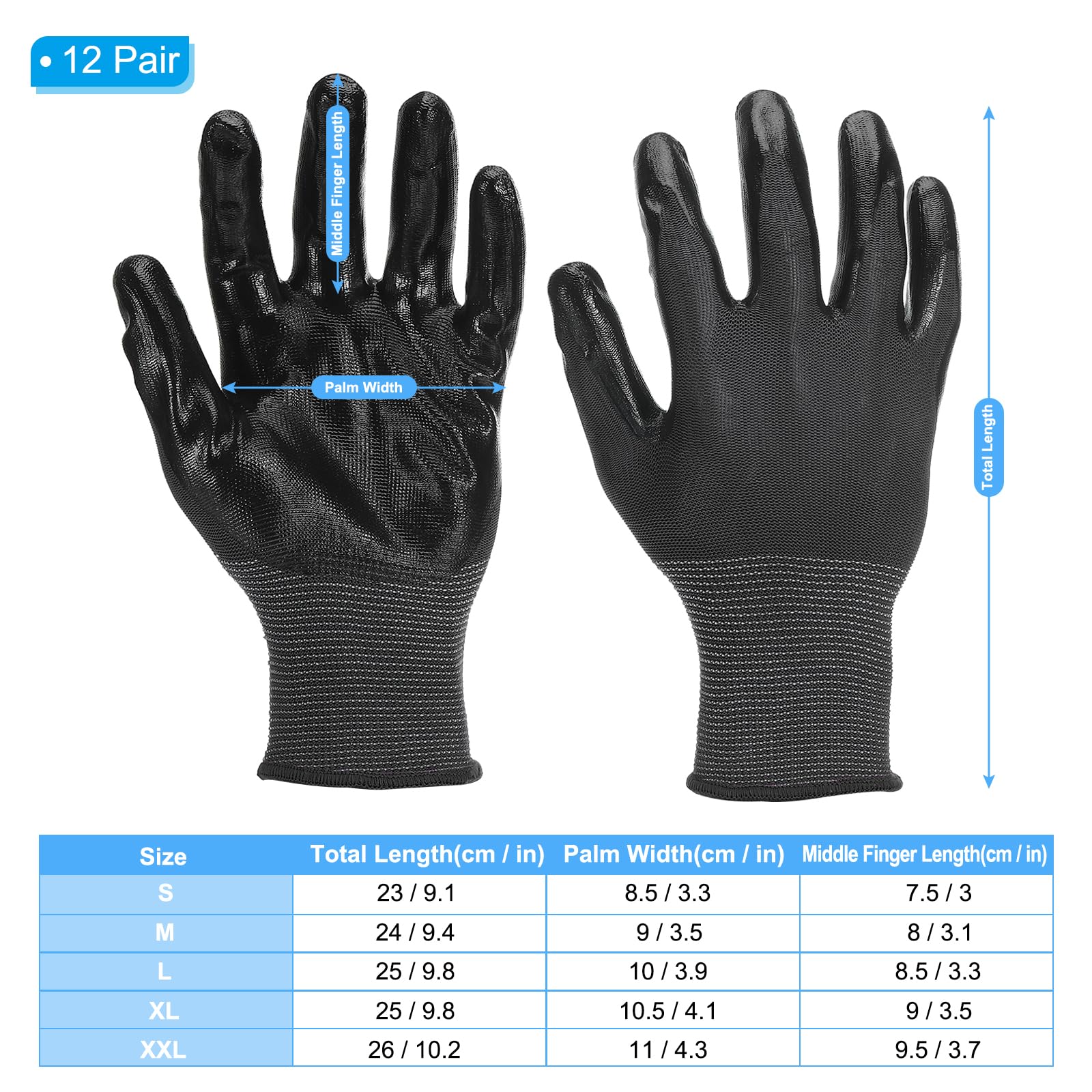 PATIKIL Safety Work Gloves Nitrile Coated 12 Pair Non-slip Gardening Gloves Seamless Knit Working Gloves with Grip for Women Men Warehouse Black XX-Large Size - Image 2