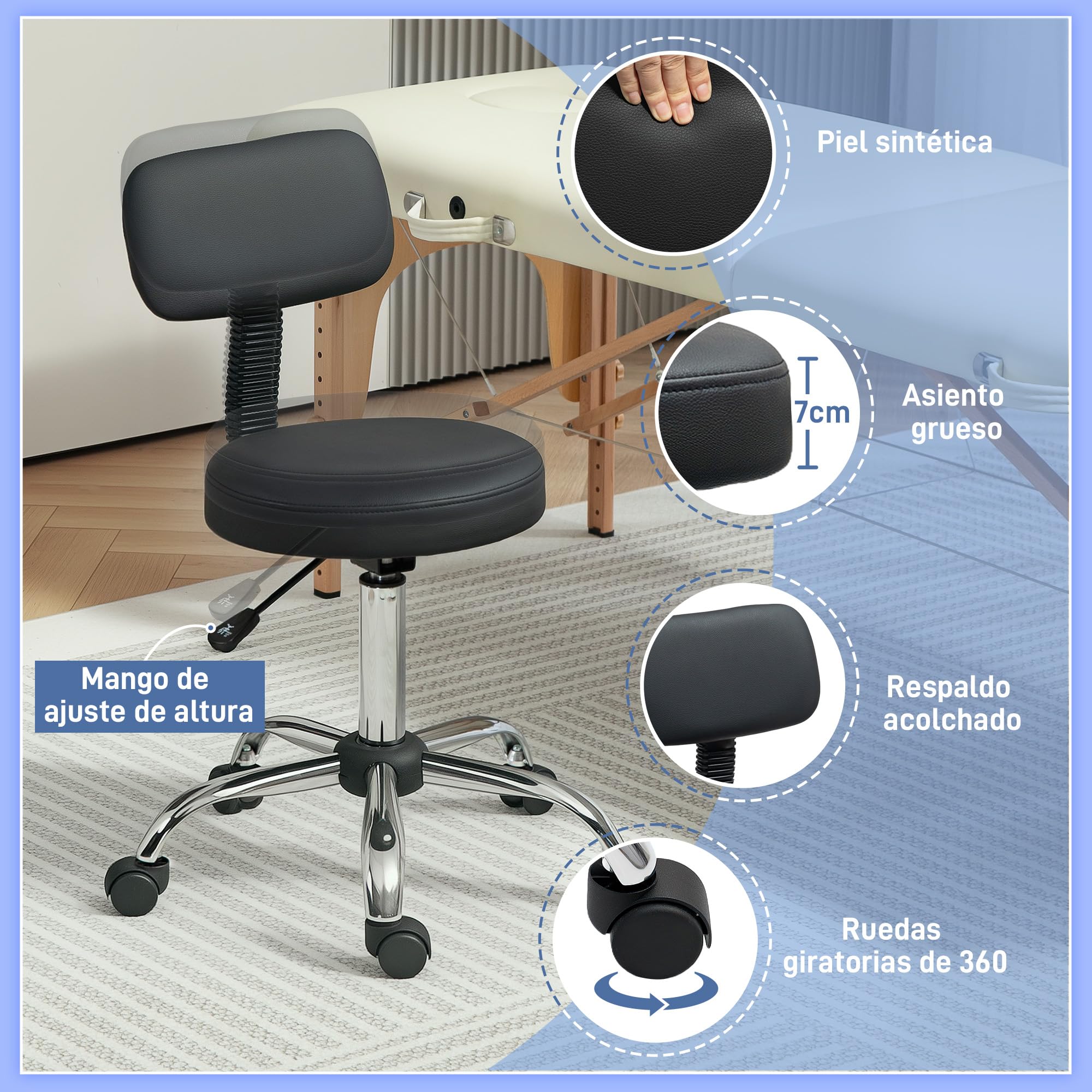 HOMCOM Taburete con Ruedas Giratorio, Taburete de Trabajo con Respaldo Desmontable, Altura Regulable, Tapizado en Cuero Sintético, para Oficina, Dormitorio, Negro