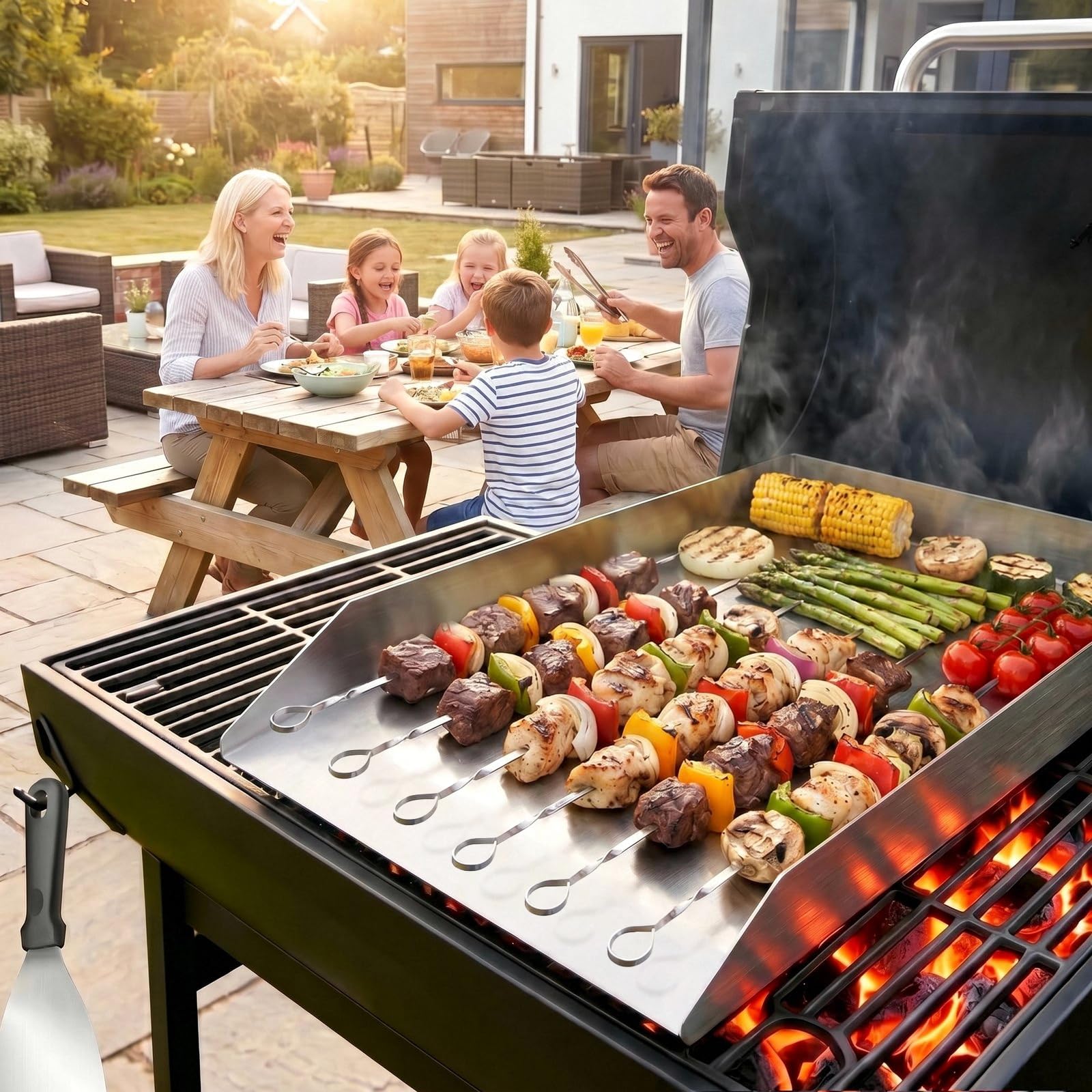 SMOOL Plancha de acero inoxidable de 30 x 20 cm, para barbacoa de gas, | Barbacoa de carbón y parrilla eléctrica, juego de plancha con espátula, brochetas y cepillo de limpieza para camping y