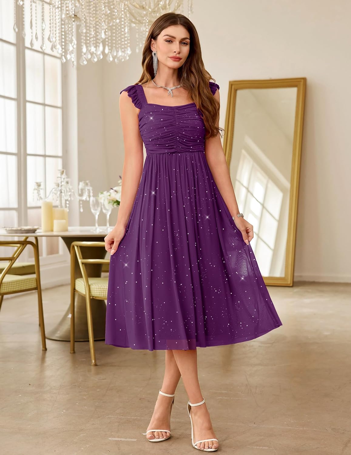 Wedtrend Sparkly Sequin Dress Ruffle Strap 80s Prom Dress Long Formal Dresses for Women