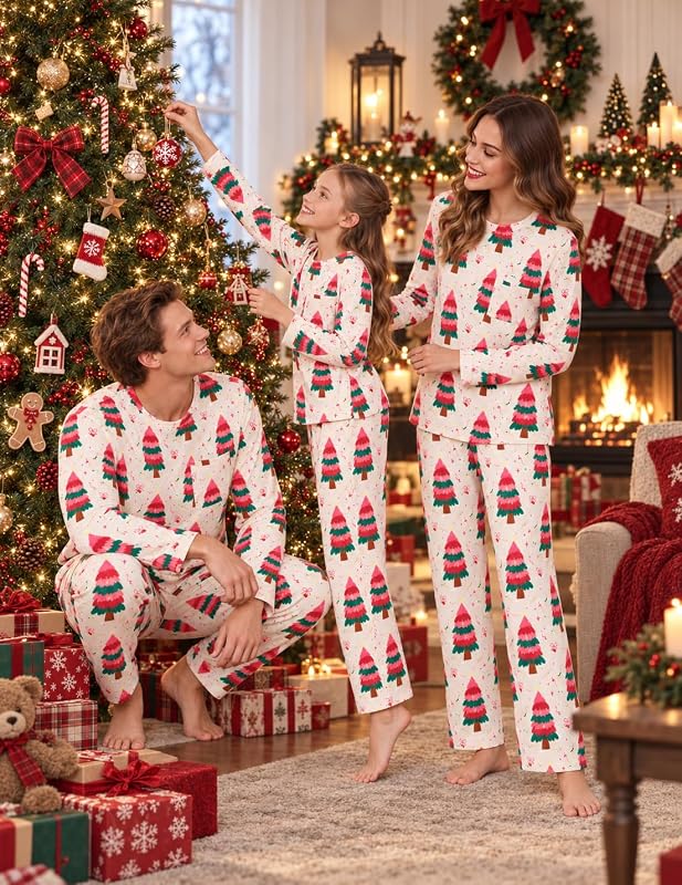 Ekouaer Matching Family Sets Christmas Pajamas Set Christmas Tree Print – Pink – Crew neck top with chest pocket