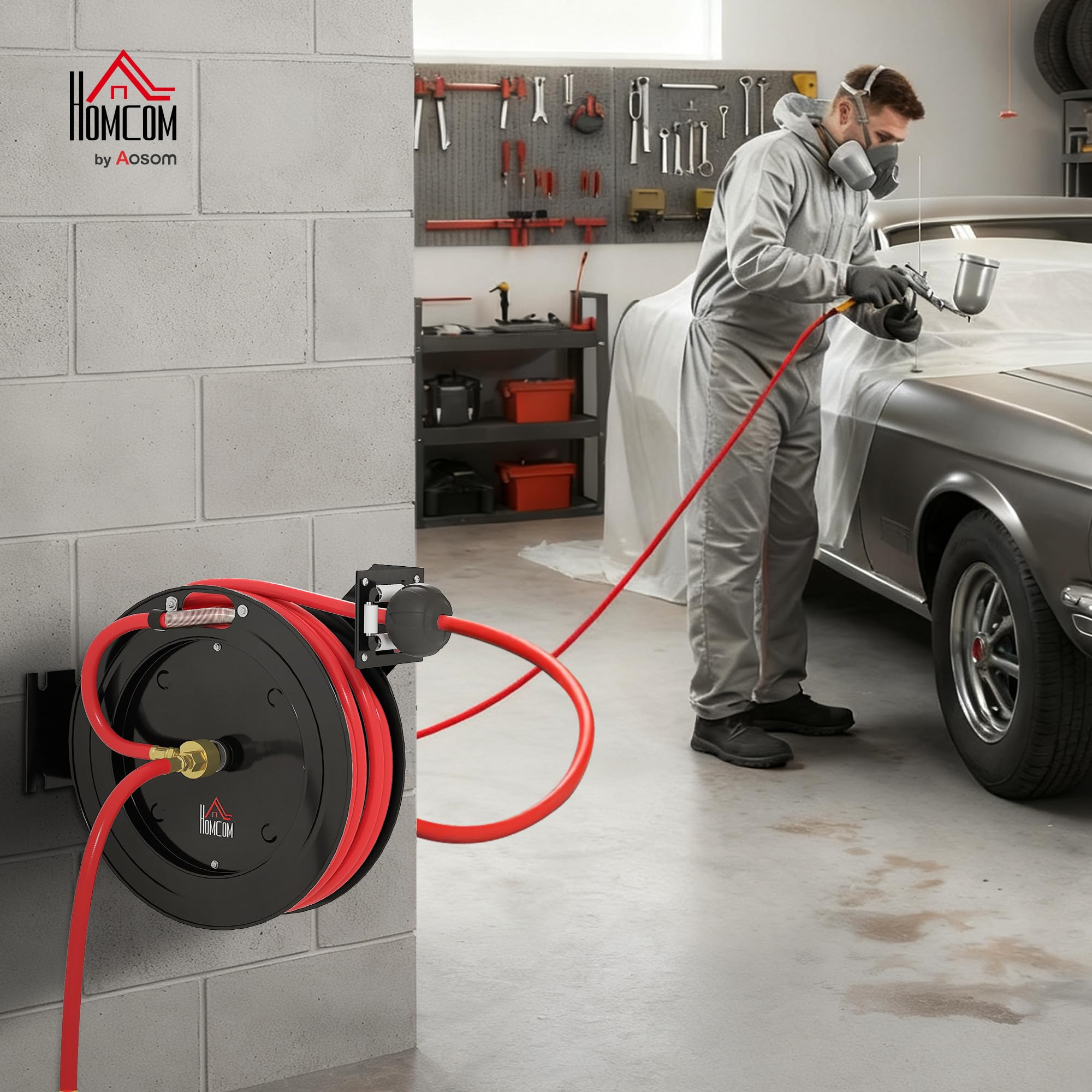 HOMCOM Carrete manguera aire automático 15m+1m | Conexión 1/4", 9,5x15,8mm, máx 20 bar, freno manguera, carrete con soporte pared.