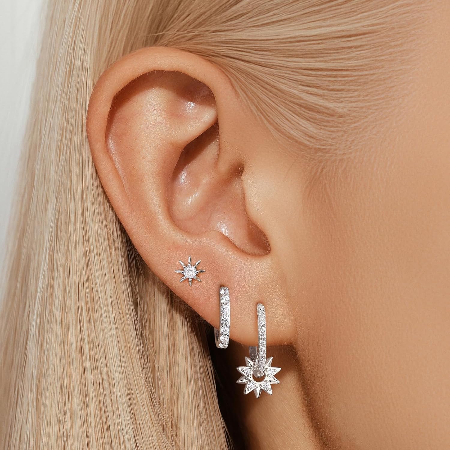 Angelady 14K Gold Plated Earring Sets for Women, Dainty Sun Star Stud Earrings for Multiple Piercing, Trendy Hypoallergenic Huggie Hoop Earrings, Cartilage Dangle Earring Stacks Jewelry Gifts - Image 3