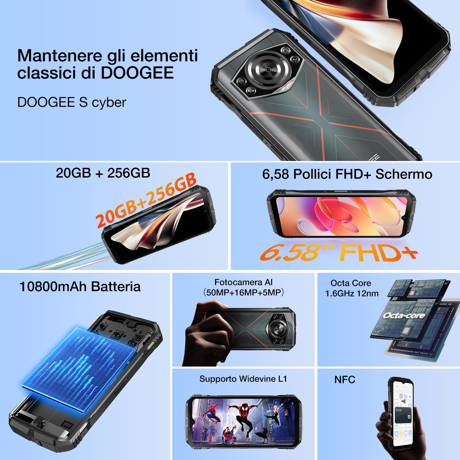 DOOGEE S cyber Rugged Smartphone, 20GB RAM + 256GB ROM, 10800mAh Telefono Indistruttibile, 6.58”FHD Cellulare Indistruttibile, 50MP+16MP+5MP Android 14 Face ID/Fingerprint/NFC/OTC/GPS, Nero Argento