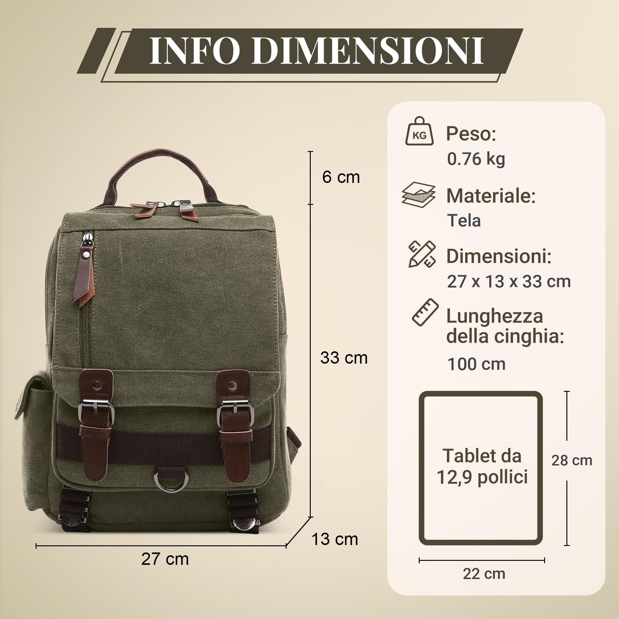 Uomo Zainetto Moda Tela Zaino Borsa a Tracolla Convertibile per 12.9 Pollici iPad Università Zaino Casuale Viaggio Scuola Quotidiano Lavoro Messaggero Sacchetto Uomo Vintage Backpack Verde