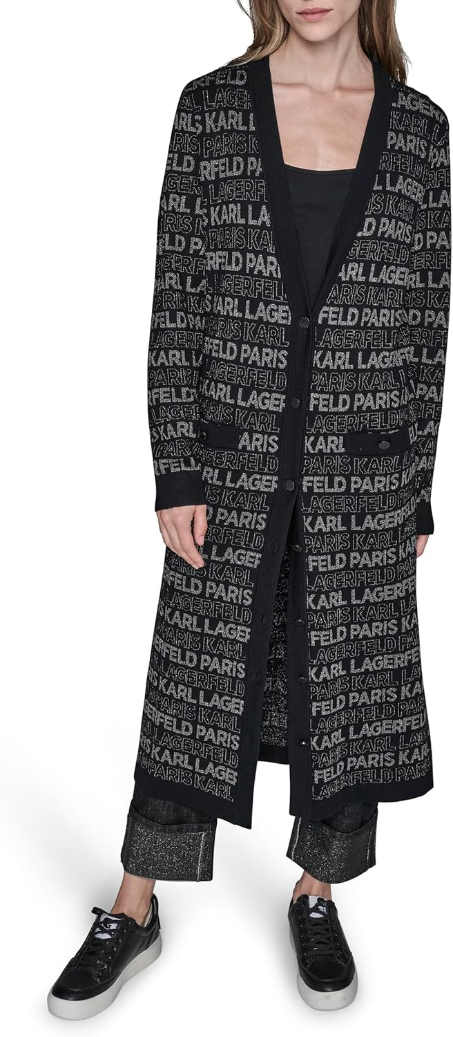 Karl Lagerfeld Womens Long Sleeve V-Neck All Over Logo Long Cardigan Sweater - Image 2