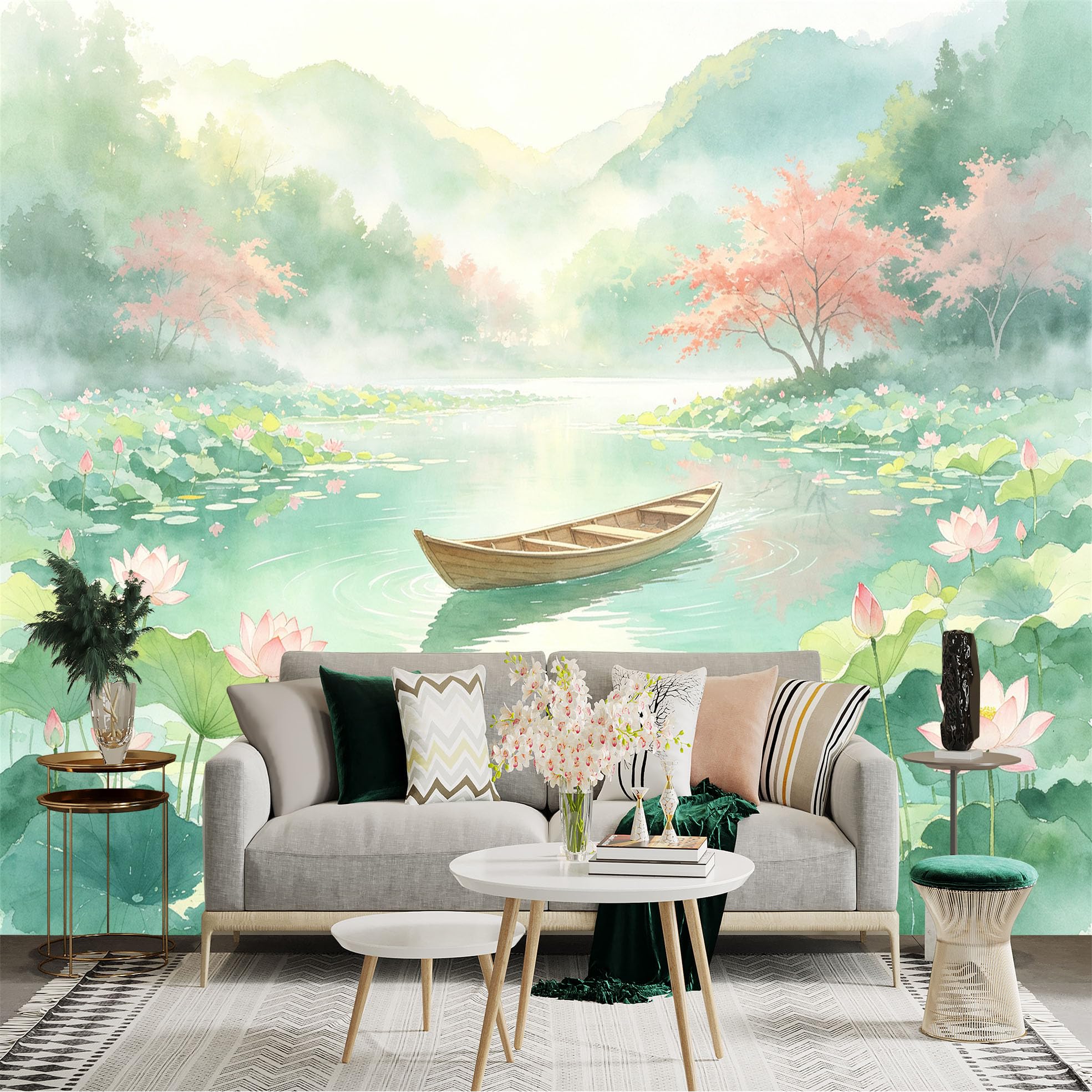 Custom Size Wall Sticker Mural， Watercolor Lotus Pond with Wooden Boat， Peaceful Spring Scenery， Ducks in Water， for wall Decoration， peelandstick wall Decals.