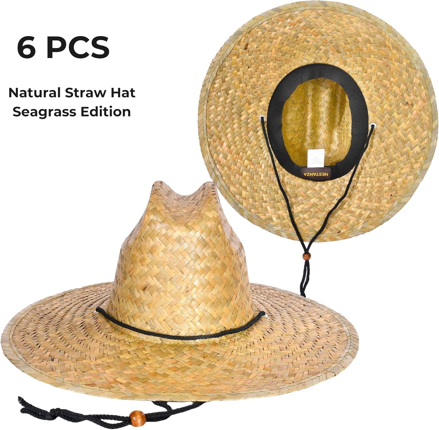 6 Pack Straw Hats for Men - Bulk Wide Brim Straw Lifeguard Hats, Natural Seagrass Sun Hat Set