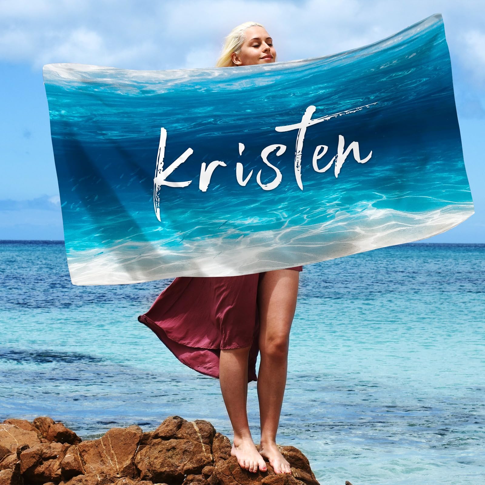 Serviette De Bain Personnalisée 100x150cm 550g/m² - 100% Coton, Broderie Offerte Dans Toute Langue (Océan) - 12