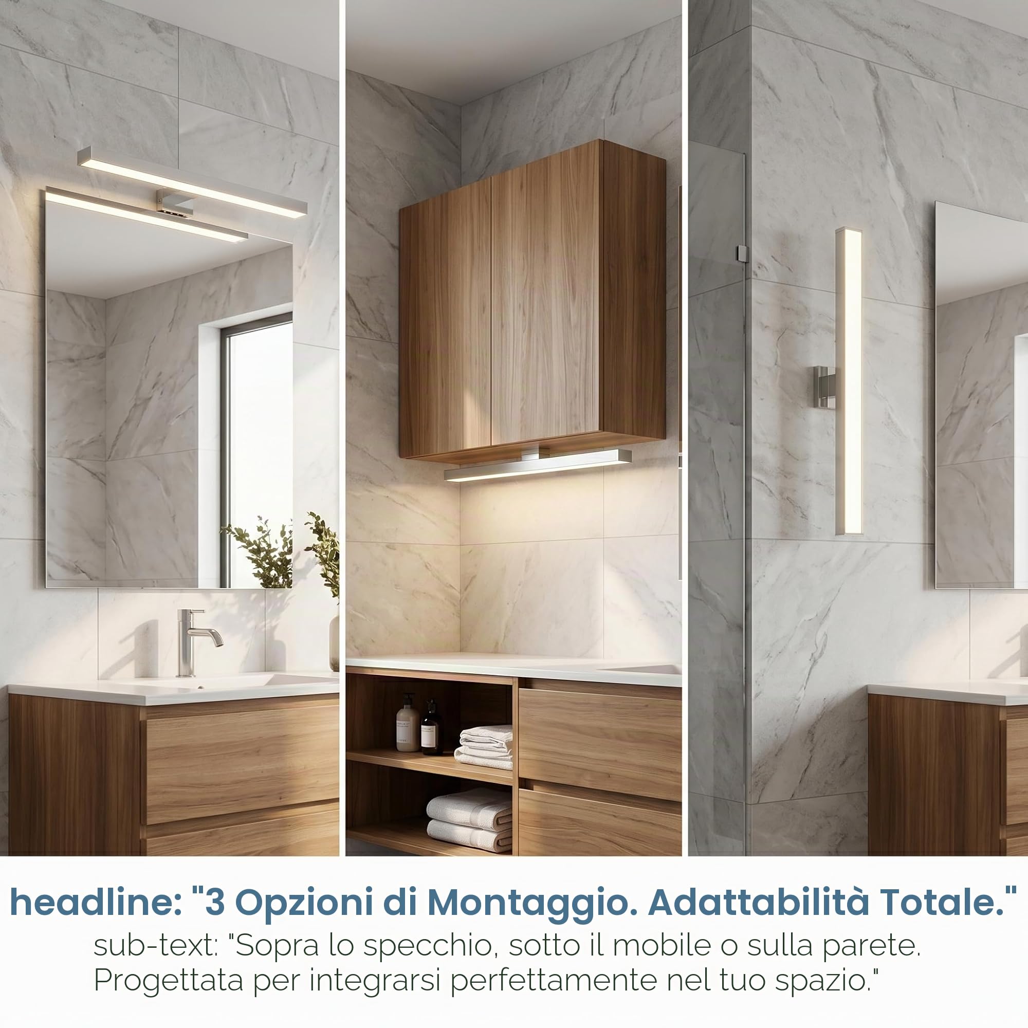 BARCELONA LED Applique LED Specchio Bagno 10W 50cm, Luce Specchio Bagno 3000K 800lm, IP44 Resistente all'Umidità, Montaggio su Specchio, Mobile o Parete, Lampada Bagno in Alluminio e Policarbonato