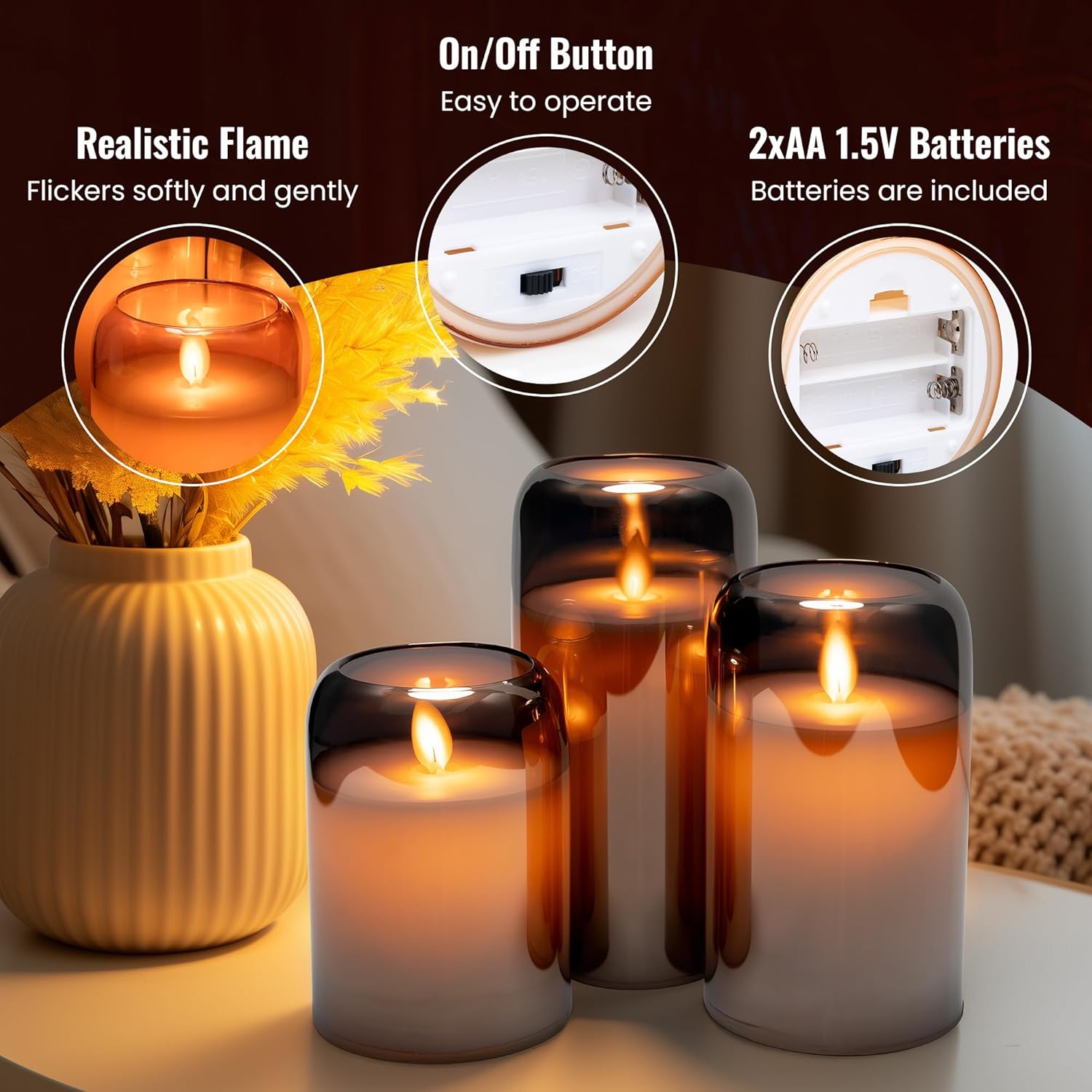 WYZworks LED Mirrored Glass Round Hurricane Pillar Flameless Candles, Real Wax Realistic Wick Flickering Flame, Battery Operated (Included), Remote & Timer (Set of 3, Silver Gray Metallic)