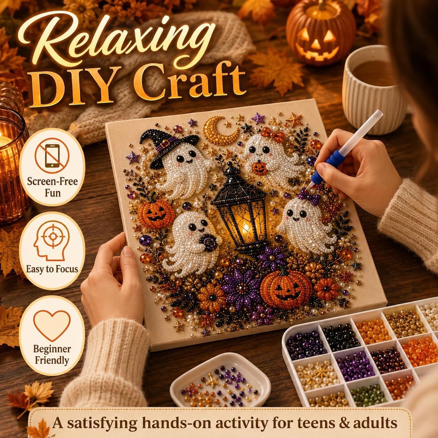 Halloween Ghost Pearl Art DIY Kit,Cute 3D Pearl Mosaic Craft Set (#B)