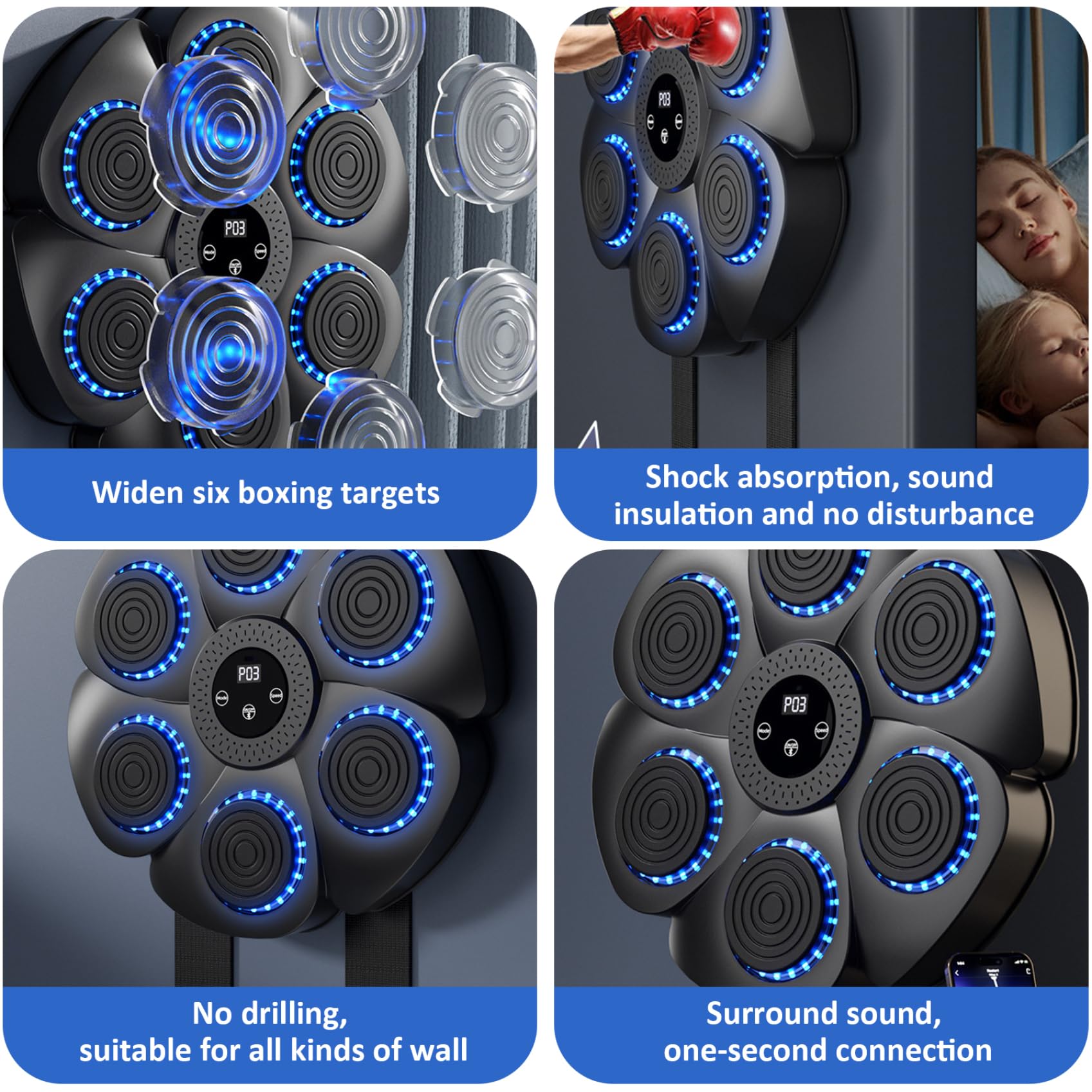 Smart Music Boxing Machine, Machine à Poinçonnage Musicale Avec Lumière RVB, Machine D'entraînement Musicale De Boxe Murale Avec Gants, 9 Modes