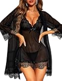 Women Sexy Lingerie Set 3 Piece Babydoll & Lace Kimono Robe Strap Chemise Sleepwear Mesh Nightgown