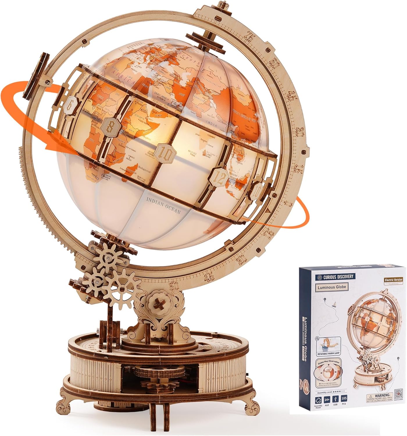 ROKR Illuminated Rotating Wooden Globe Puzzle-185 Piece 3D Night Light Kit, Educational Geography Model for Adults & Teens 14+, No Glue Needed