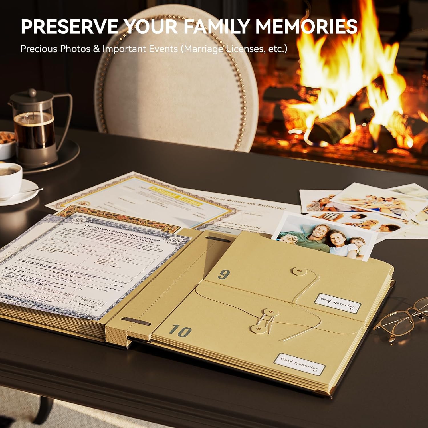 ABC life Document Organizer, Expanding File for Important Papers, Passports, Birth Certificates, Passports, Photos and Letters, Spine-Free Design with Elastic Closure - Black