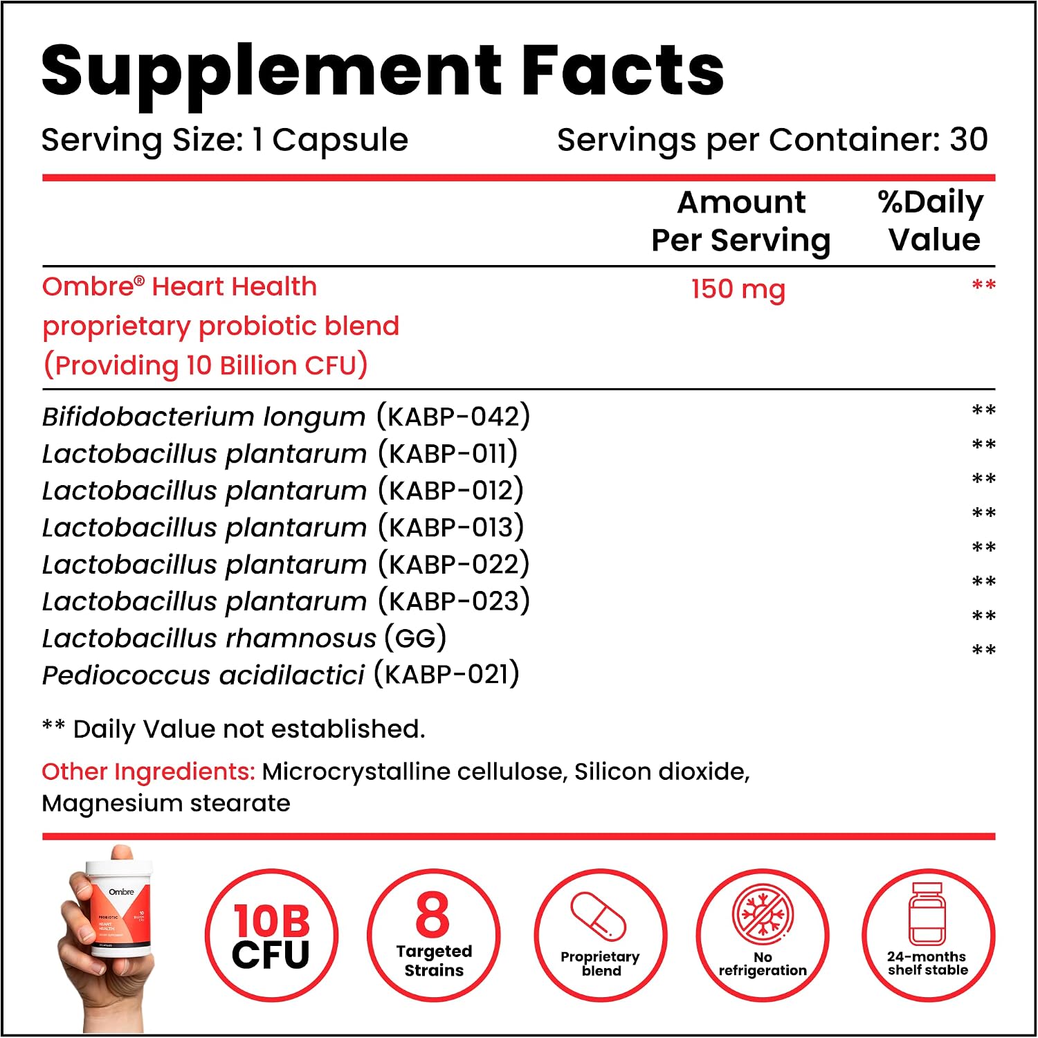 Ombre Heart Health Probiotic Capsules, Daily Cardiovascular Support Supplement for Men and Women, Promotes Overall Wellness and Gut Health, 10 Billion CFU, Shelf-Stable