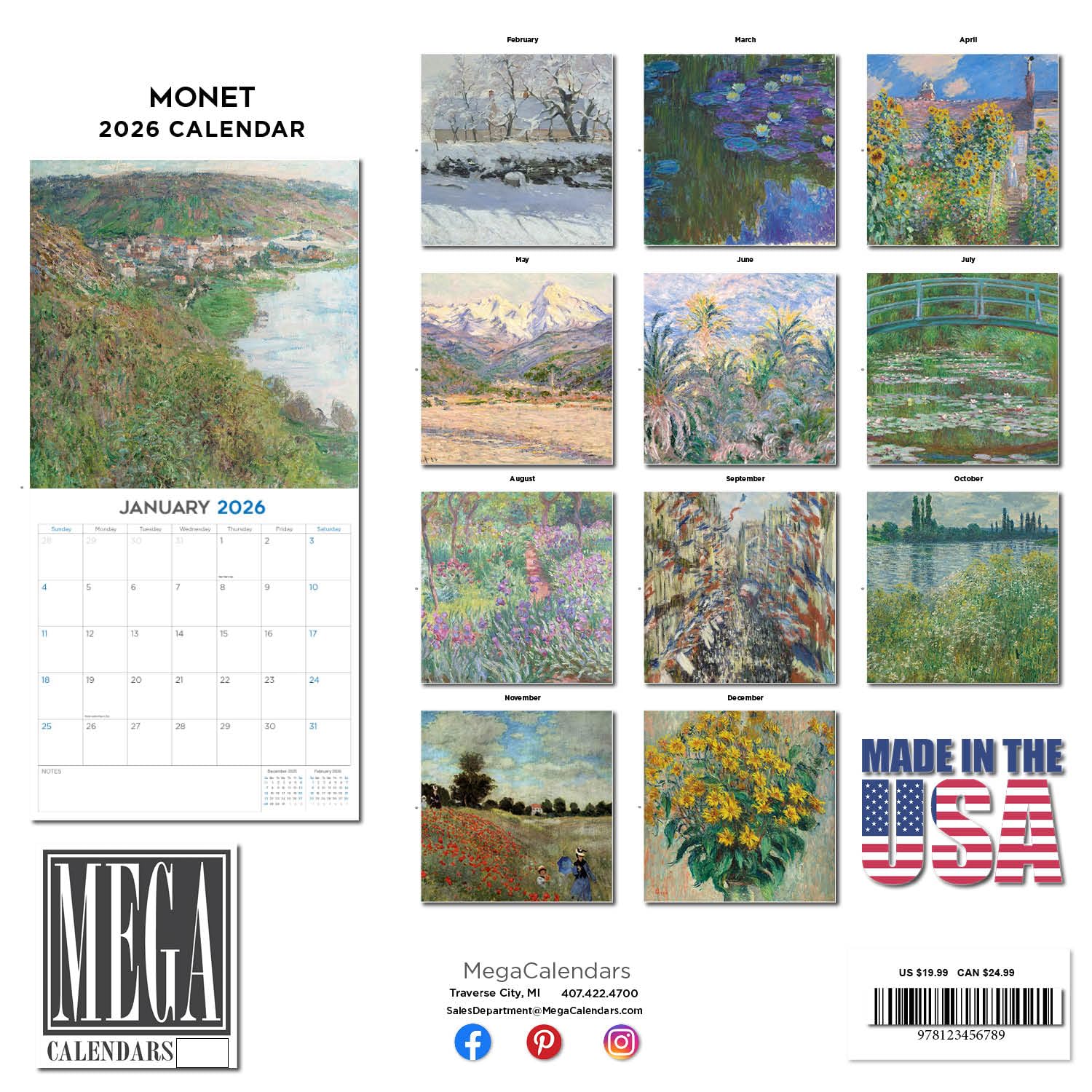 Kalendarz Monet 2023 2024 - miesięczny kalendarz ścienny dla artystów, 30 x 24 cm, otwarty, gruby papier bez przebarwień, prezent - akademicki planer nauczyciela, kalendarz, organizowanie i planowanie