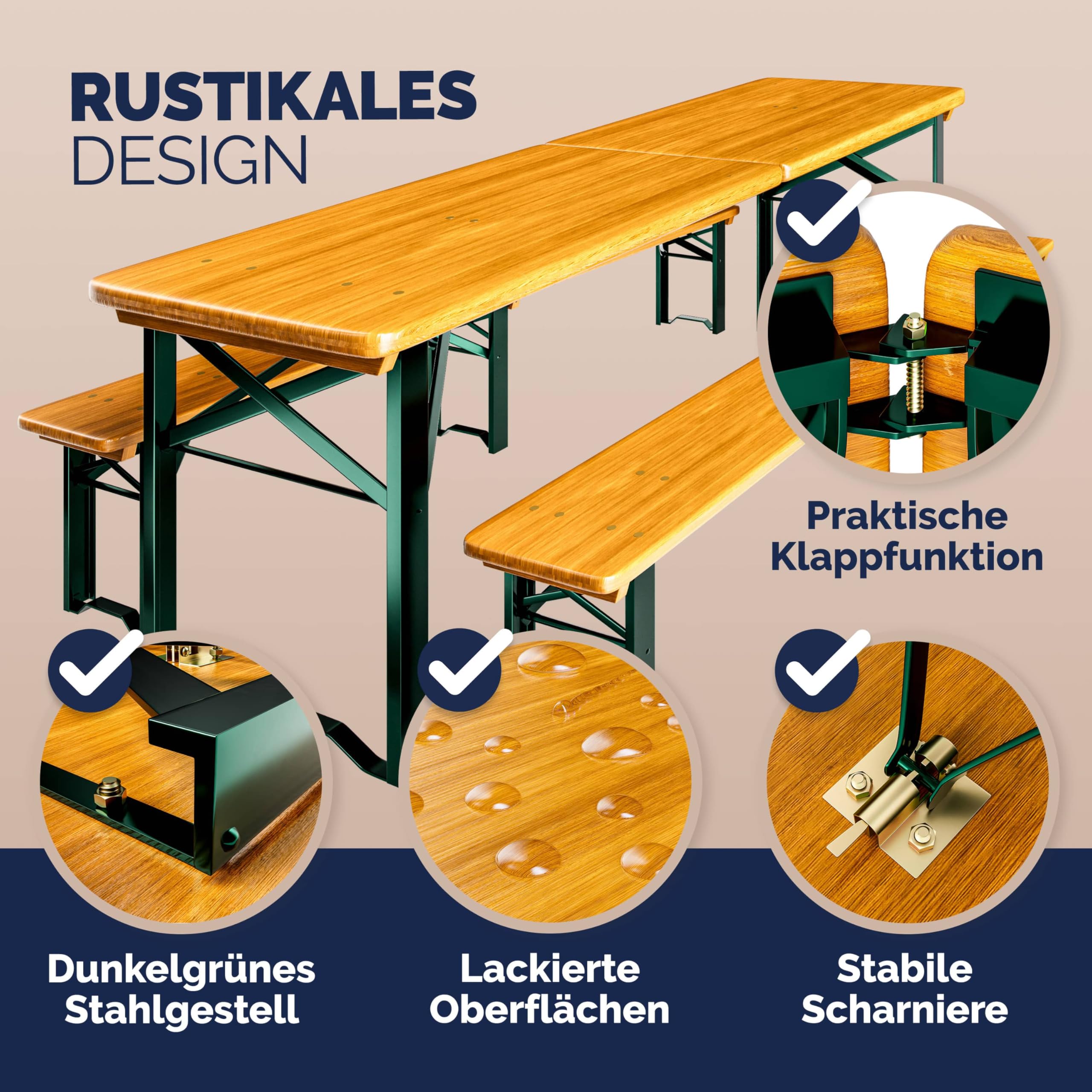 CASARIA 2er Set Bierzeltgarnitur 220cm 10 Personen hohe Belastbarkeit Massiv Holz klappbar Festzeltgarnitur 2 Bierbänke Biertisch Partytisch Garten