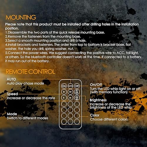 Miniatura 7 de Nirider - Luz LED con control remoto en espiral, luz RGB de advertencia para todoterreno, antena LED para UTV, ATV, todoterreno, camión, Jeep,