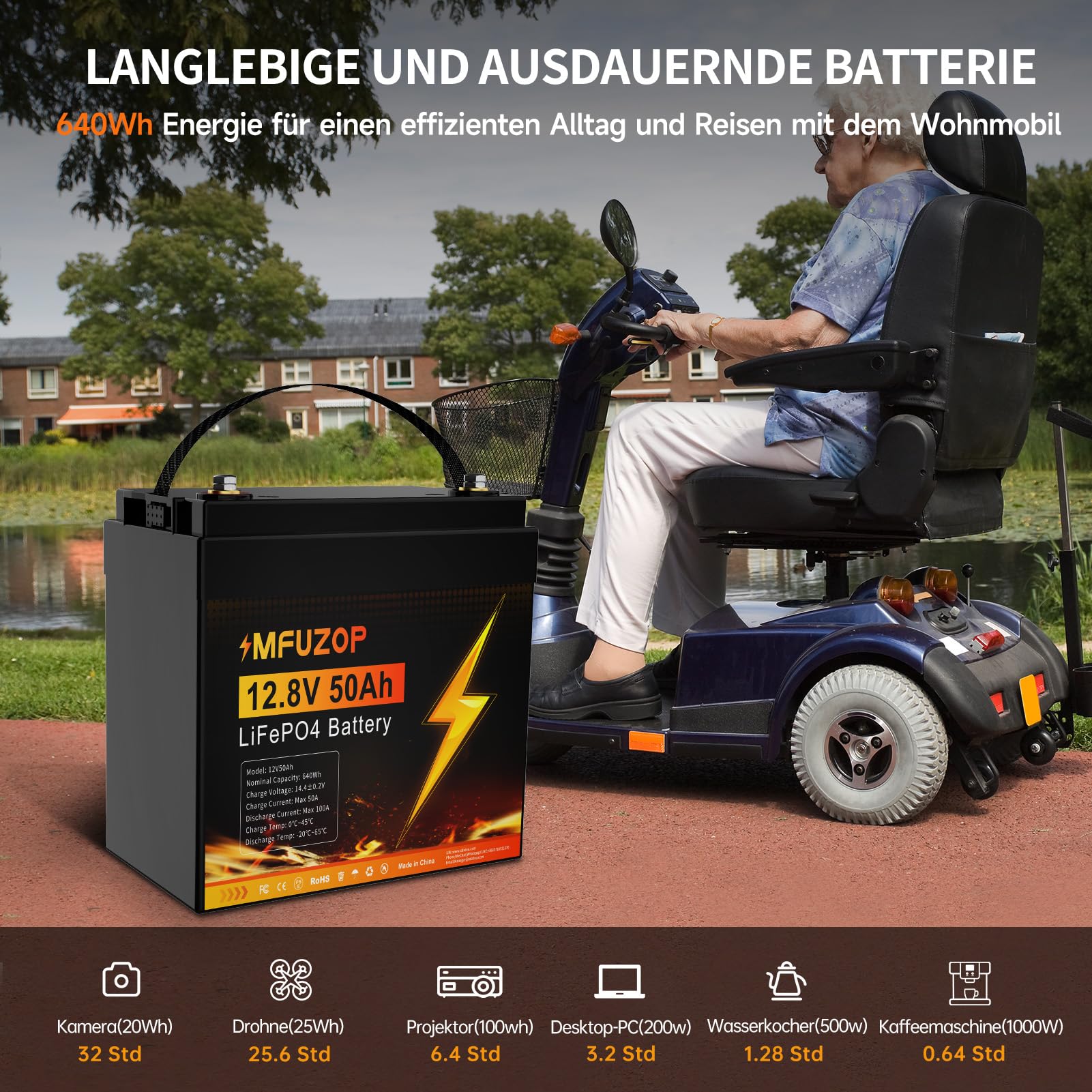 Batteria LiFePO4 12V 50Ah, BMS 50A, Potenza Massima 640W, 15000 Cicli Profondi, Batteria al Litio per Motore Elettrico, Caravan, Camper, Marina, Impianto Solare, Ecoscandaglio