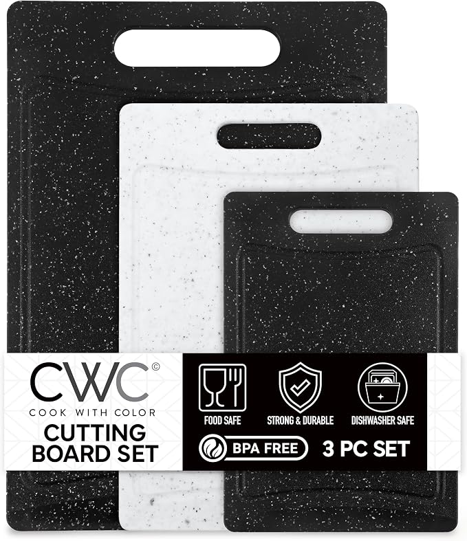 COOK WITH COLOR Non-Slip Cutting Board Set – Kitchen Essentials with Easy Grip Handle for Meat, Veggies, and Fruits, 3 Cutting Boards, Black/White