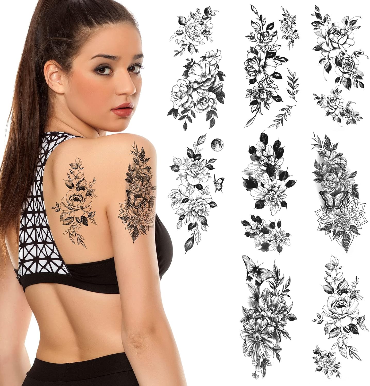 URAQT Tatuajes Temporales Adultos, 8 Hojas Largo Calcomanias Tatuajes de Flores , Tatoos Temporales Adultos y Niños Impermeables, Pegatinas Tatuajes Temporales Hombre y Mujer para Halloween Navidad