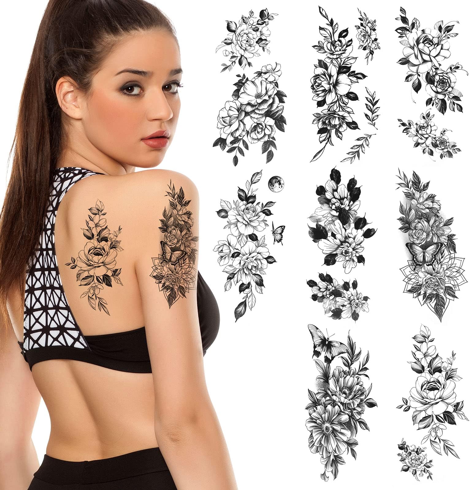 URAQT Temporary Tattoos, 8 Sheets 3D Extra Large Waterproof Sexy Flowers Fake Tattoo Kits, Arm Neck Face Temp Tattoo Temporary Tattoos Sticker for Women and Men, Black Halloween Fake Tattoos
